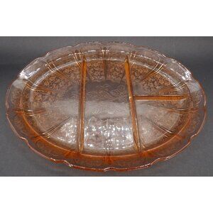 Vintage Pink Depression Glass Divided Serving Dish With Floral & Fruit Design